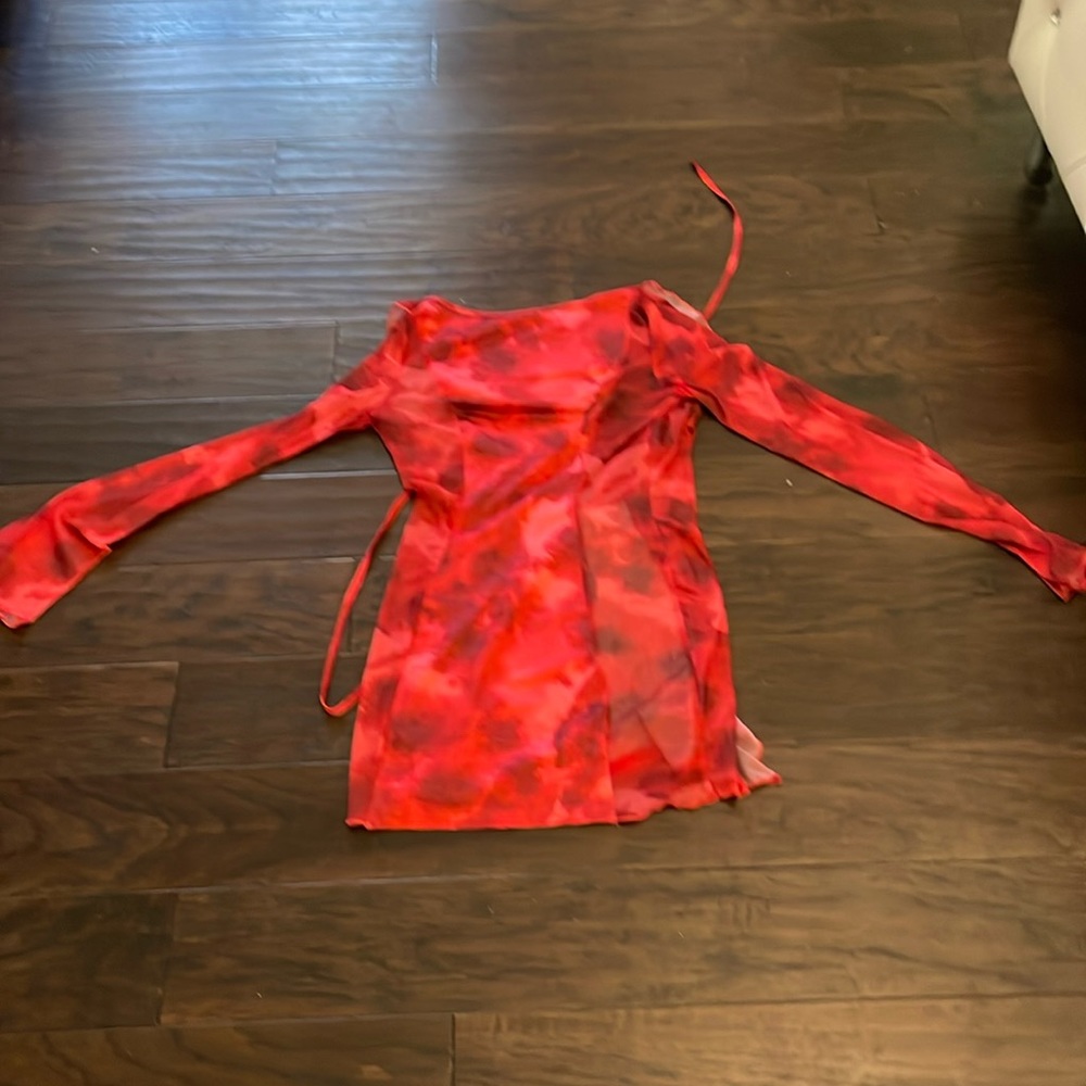 Size 6 red/burgundy mini dress long sleeve sheer